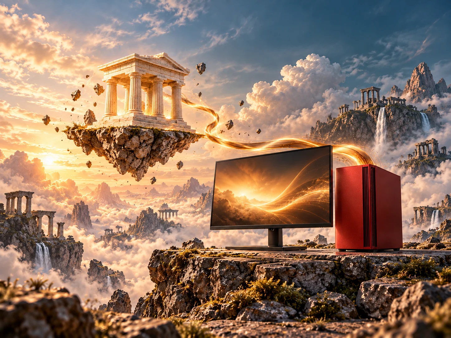 A floating Greek temple connected by golden light to a desktop monitor and red PC tower amid clouds.